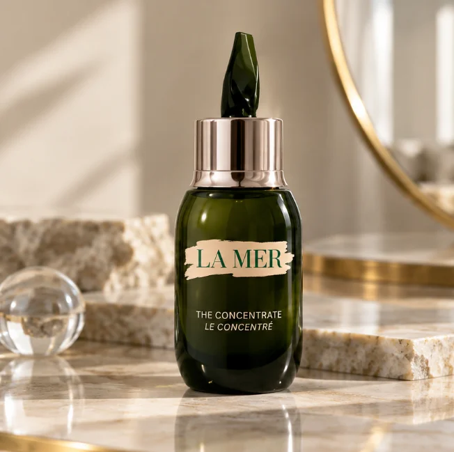 La Mer The Concentrate serum in a green bottle with metallic cap, placed on a marble surface with a blurred reflection in the background.